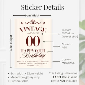 May include: A cream-colored, rectangular sticker with the text "VINTAGE" and "HAPPY 00TH Birthday" in burgundy. The sticker is 9cm wide and 12cm high, with space for a custom message. The listing is for the label only.