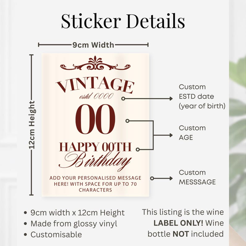 May include: A cream-colored, rectangular sticker with the text "VINTAGE" and "HAPPY 00TH Birthday" in burgundy. The sticker is 9cm wide and 12cm high, with space for a custom message. The listing is for the label only.