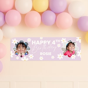 May include: A lavender banner with the text "HAPPY 4TH Birthday ROSIE" and daisy accents. Two photos of a young girl are featured within daisy-shaped frames. Pastel balloons in pink, white, yellow, and purple are in the background.