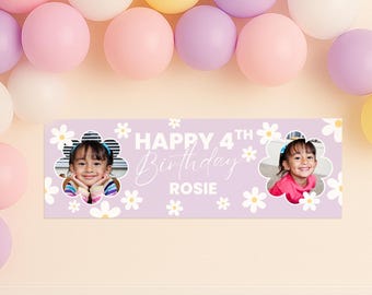 Personalised birthday banner – custom name & photo | daisy design | pastel floral party banner, birthday banner for girls, kids party decor