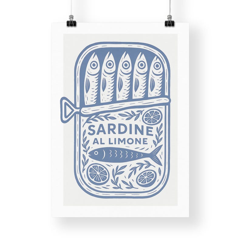 May include: A blue and white illustration of a sardine can with the text "SARDINE AL LIMONE". The can contains five sardines and lemon slices. The design is a vintage style, perfect for kitchen decor.