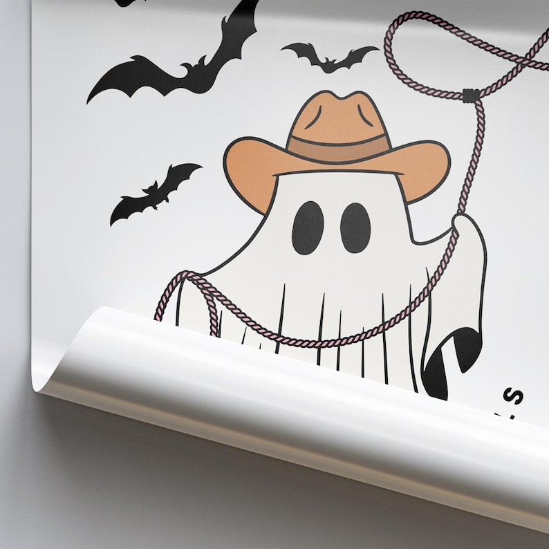 May include: A white ghost wearing a brown cowboy hat and holding a lasso. The ghost has two black eyes and is surrounded by bats.