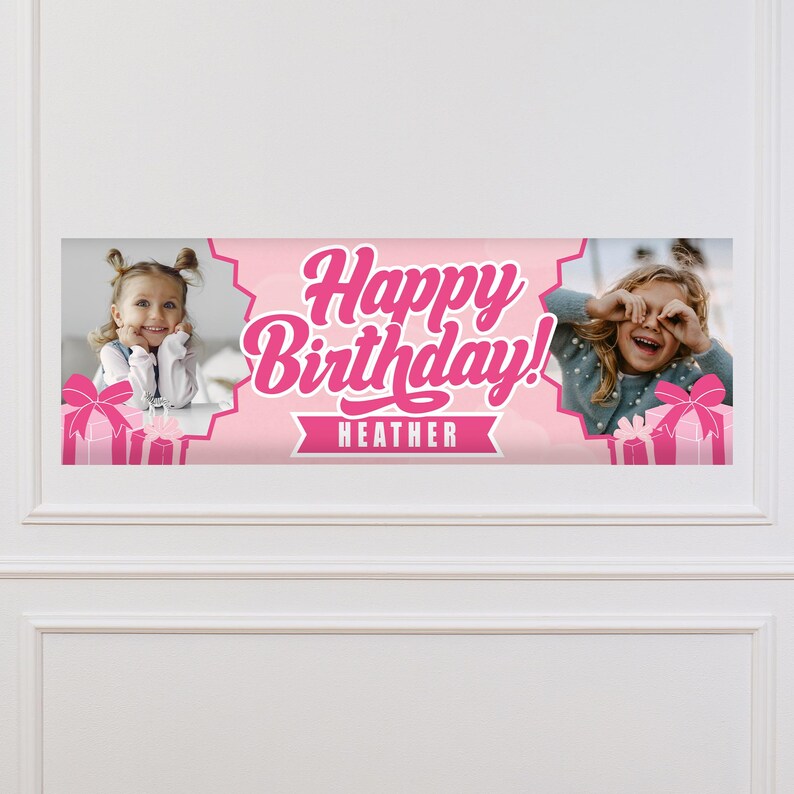 May include: A pink birthday banner with the words "Happy Birthday!" in a cursive font. The name "Heather" is below the text. The banner has photos of a young girl on each side, with pink gift boxes.