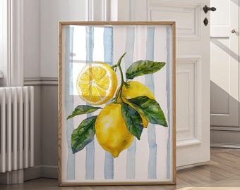 Impresión de limón en acuarela / Arte mural de frutas italianas con rayas azules, decoración de cocina mediterránea, póster botánico costero, estética veraniega