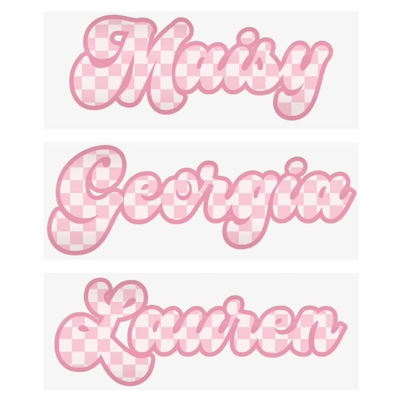 May include: Three names, "Maisey", "Georgia", and "Lauren", are displayed in a playful, bubble-style font. Each name is outlined in a soft pink, with a checkered pattern in the same pink and white color scheme filling the letters. The names are stacked vertically.