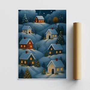 May include: A framed print depicts a winter village scene. Snow-covered hills feature illuminated houses with warm yellow lights. Evergreen trees and a starry night sky complete the festive illustration. A rolled-up poster is visible on the right.