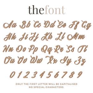 May include: A font alphabet with uppercase and lowercase letters and numbers 0-9. The font is a cursive script style. The text "thefont" is at the top of the image. The text "ONLY THE FIRST LETTER WILL BE CAPITALISED NO SPECIAL CHARACTERS" is at the bottom of the image.