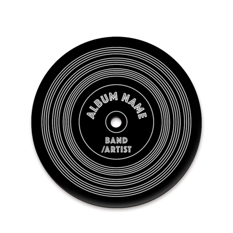 Puede incluir: Dise&ntilde;o de disco de vinilo en blanco y negro con el texto "ALBUM NAME" y "BAND/ARTIST" en un c&iacute;rculo.
