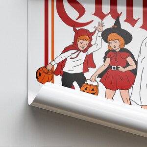 May include: A vintage-style Halloween poster featuring children in costumes. One child is dressed as a devil, another as a witch, and a third as a ghost. They are holding jack-o'-lanterns. The poster has a white background with red and orange accents.