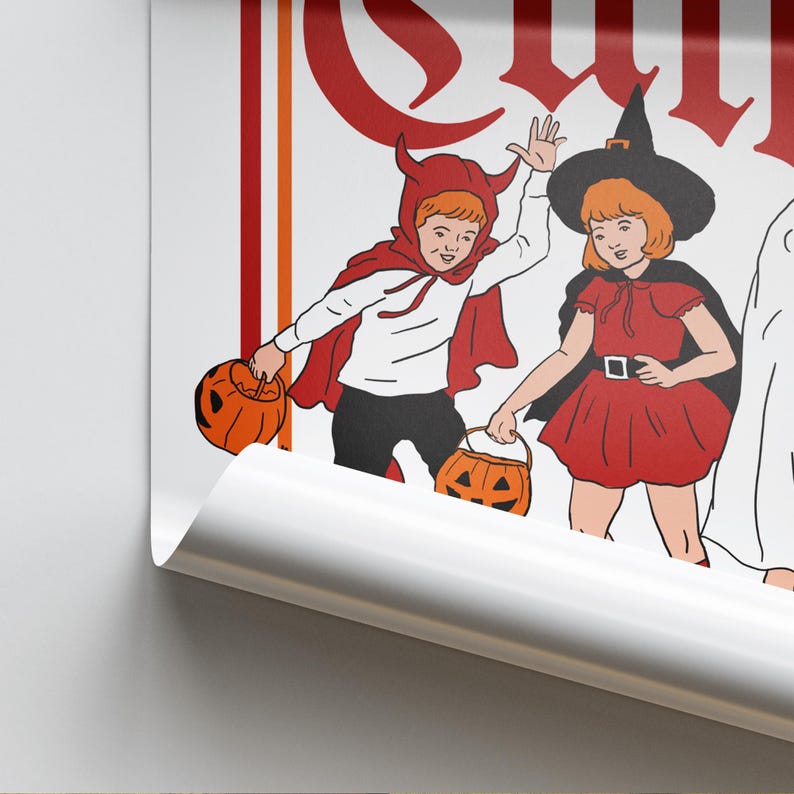 May include: A vintage-style Halloween poster featuring children in costumes. One child is dressed as a devil, another as a witch, and a third as a ghost. They are holding jack-o'-lanterns. The poster has a white background with red and orange accents.