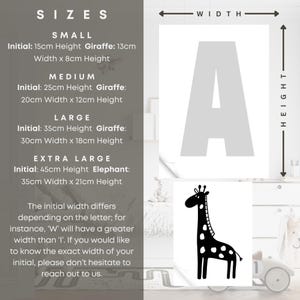 May include: A chart showing different sizes for a personalized animal print. The sizes are listed as small, medium, large, and extra large. The chart shows the height and width of each size in centimeters. The chart also includes a black and white illustration of a giraffe.