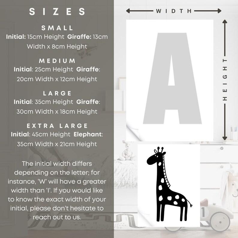 May include: A chart showing different sizes for a personalized animal print. The sizes are listed as small, medium, large, and extra large. The chart shows the height and width of each size in centimeters. The chart also includes a black and white illustration of a giraffe.