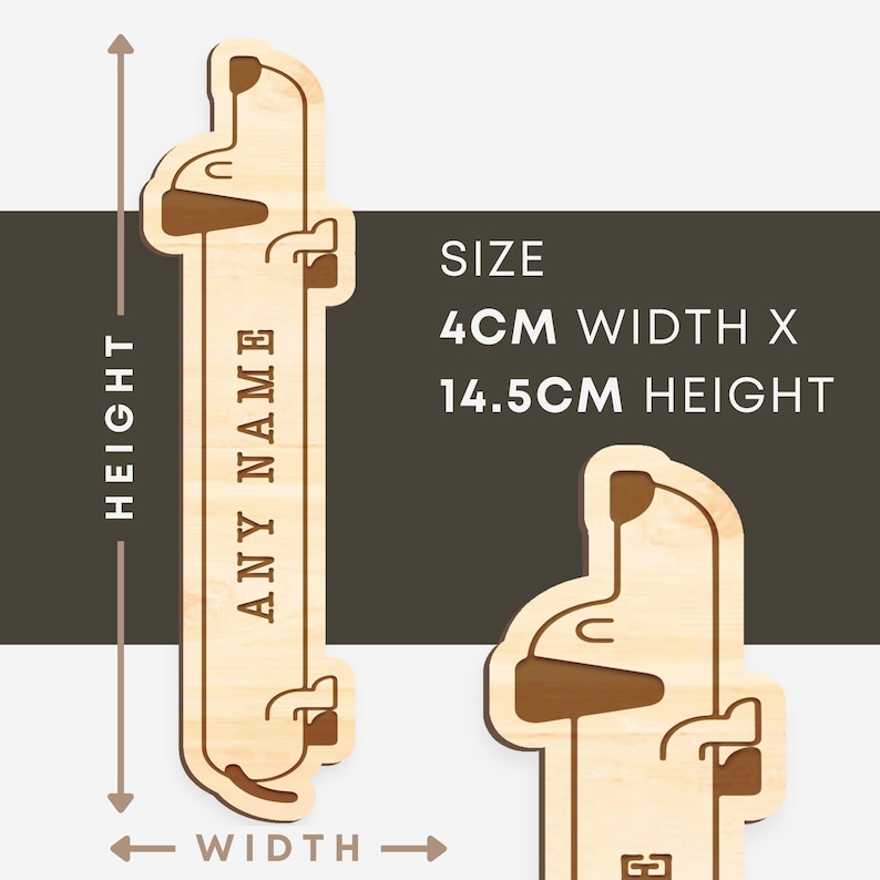 May include: Wooden cutout of a dachshund dog with the text "ANY NAME" in the center. The cutout is 4 inches wide and 14.5 inches tall.  SIZE 4CM WIDTH X 14.5CM HEIGHT.