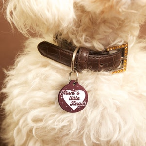 May include: A white dog wearing a brown leather collar with a burgundy heart-shaped dog tag that says "Mum's little Angel" in white text.