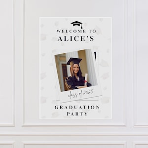 May include: A graduation party sign with the text "Welcome to Alice's Graduation Party" and "Class of 2025". The sign features a photo of a smiling graduate in a cap and gown.