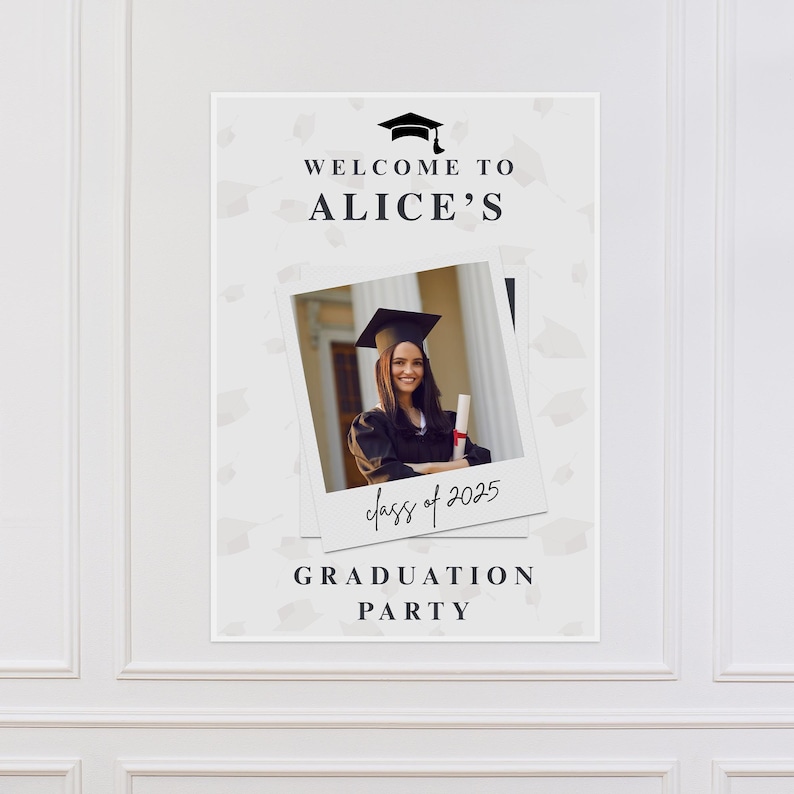 May include: A graduation party sign with the text "Welcome to Alice's Graduation Party" and "Class of 2025". The sign features a photo of a smiling graduate in a cap and gown.