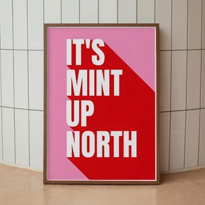 May include: Framed art print with the text "IT'S MINT UP NORTH" in bold white letters. The background is divided into two sections: a pink upper half and a red lower half. The frame is a dark brown color.