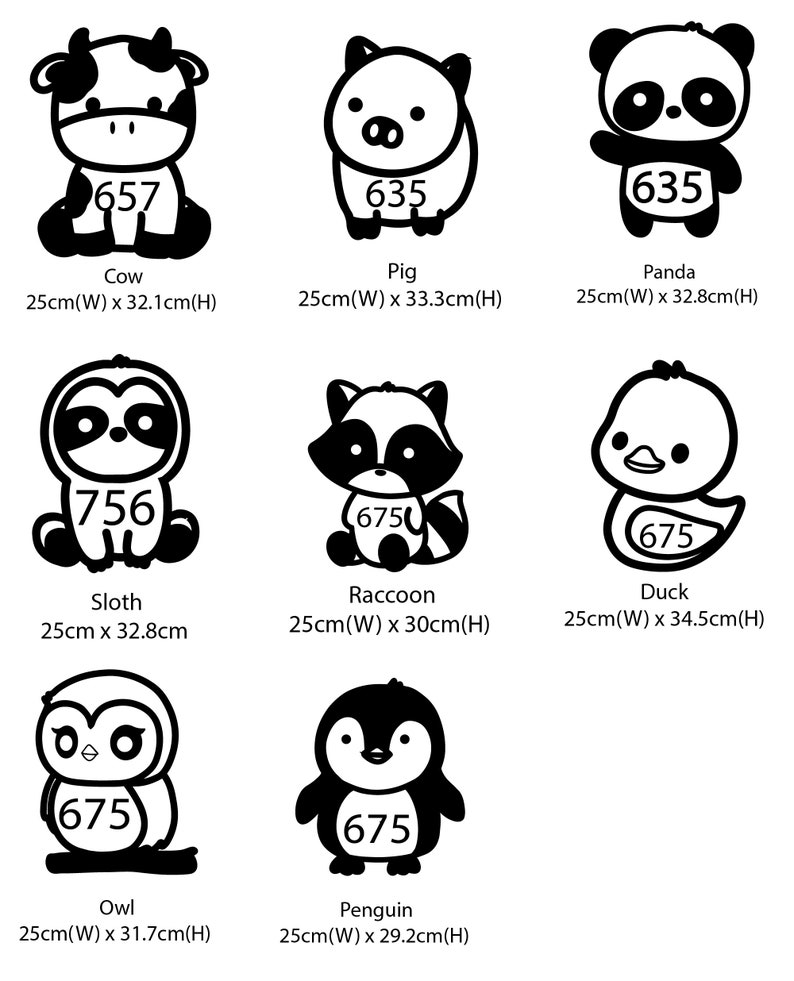 以下が含まれることがあります： お腹に数字が書かれた様々な動物の白黒イラスト。動物には、牛、豚、パンダ、ナマケモノ、アライグマ、アヒル、フクロウ、ペンギンが含まれます。各動物は約25cmの幅です。