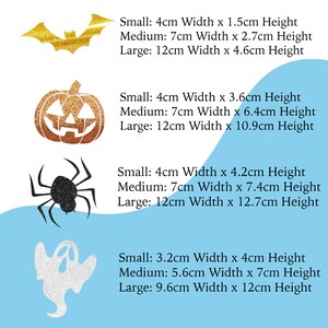 May include: Four Halloween-themed iron-on patches with glitter. The patches are a bat, a pumpkin, a spider, and a ghost. The patches are available in three sizes: small, medium, and large. The measurements for each size are listed next to each patch.