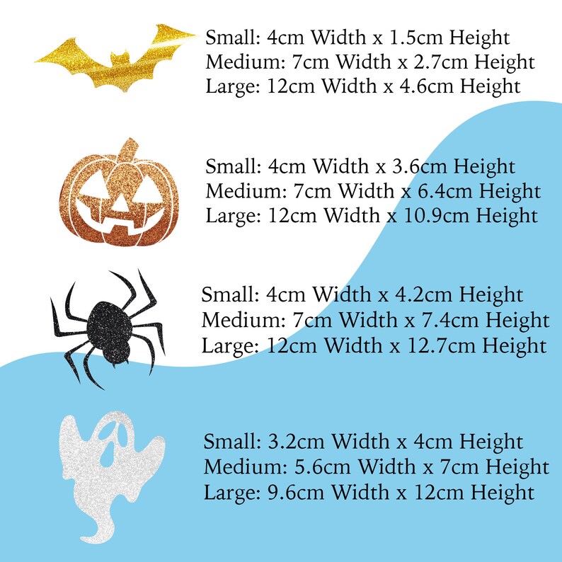 May include: Four Halloween-themed iron-on patches with glitter. The patches are a bat, a pumpkin, a spider, and a ghost. The patches are available in three sizes: small, medium, and large. The measurements for each size are listed next to each patch.