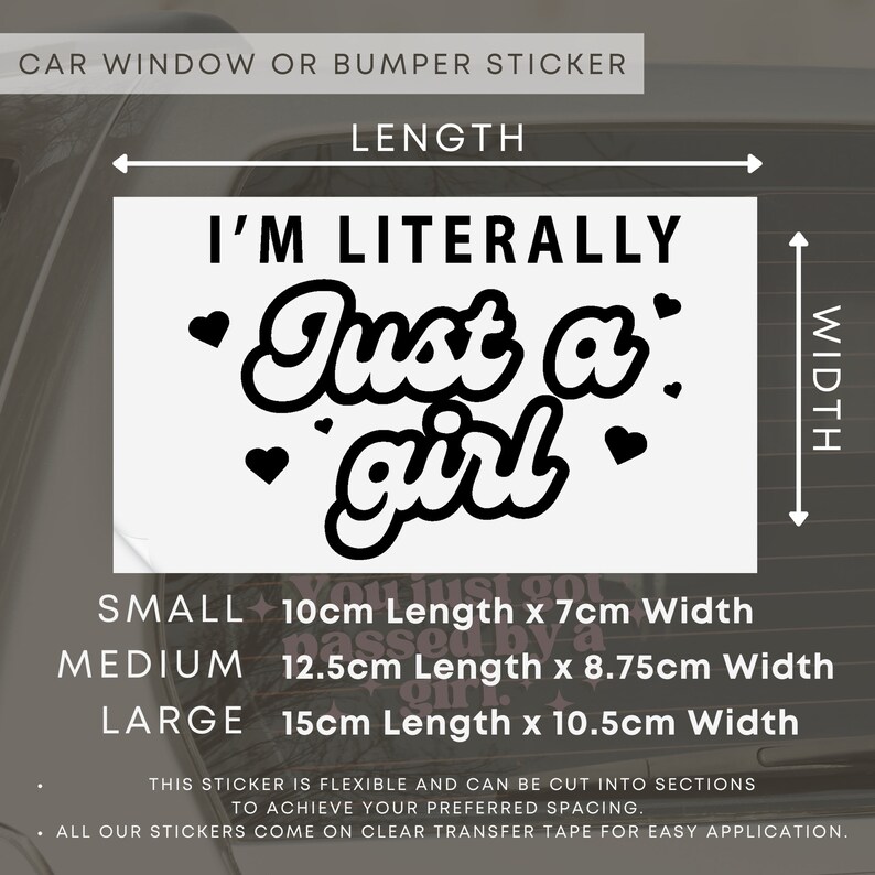 K&ouml;nnte beinhalten: Schwarz-wei&szlig;er Aufkleber f&uuml;r Autofenster oder Sto&szlig;stange mit dem Text "I'm literally just a girl" und Herzen drumherum. Der Aufkleber ist in drei Gr&ouml;&szlig;en erh&auml;ltlich: klein (10 cm x 7 cm), mittel (12,5 cm x 8,75 cm) und gro&szlig; (15 cm x 10,5 cm).