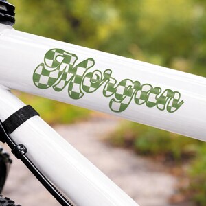 Pode incluir: Close-up de uma estrutura de bicicleta branca com o nome "Morgan" em um padr&atilde;o xadrez verde. O nome est&aacute; escrito em uma fonte cursiva. O fundo &eacute; verde desfocado.