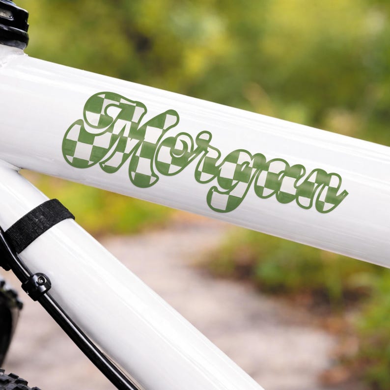 Pode incluir: Close-up de uma estrutura de bicicleta branca com o nome "Morgan" em um padr&atilde;o xadrez verde. O nome est&aacute; escrito em uma fonte cursiva. O fundo &eacute; verde desfocado.