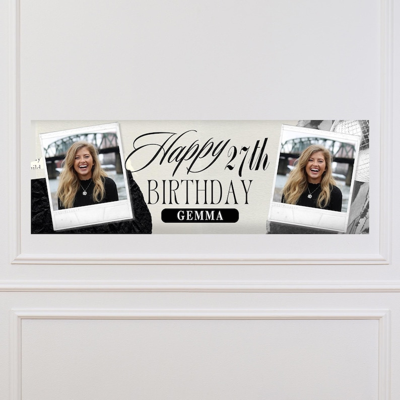 Op de afbeelding: Een gepersonaliseerde verjaardagsbanner met de tekst "Happy 27th Birthday Gemma". De banner bevat twee foto's van een vrouw, tegen een neutrale achtergrond. De banner is ontworpen om een verjaardag te vieren.
