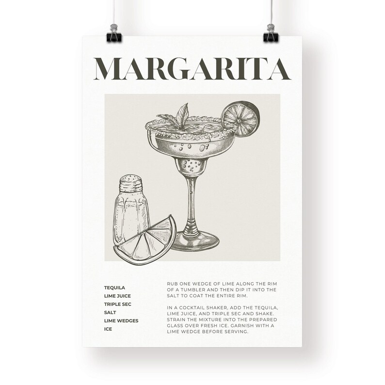 May include: A black and white illustration of a margarita cocktail with a lime wedge, salt, and ice. The text "MARGARITA" is at the top of the image. The recipe for a margarita is listed below the illustration.
