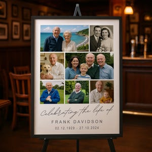 May include: A framed memorial sign on an easel, featuring a collage of family photos. The sign reads "Celebrating the life of FRANK DAVIDSON 02.12.1929 - 27.10.2024" in elegant script. The photos show various stages of life.
