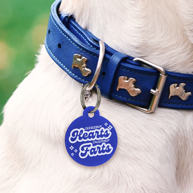 May include: Blue dog tag with white text that reads "Breakin' Hearts Blastin' Farts".