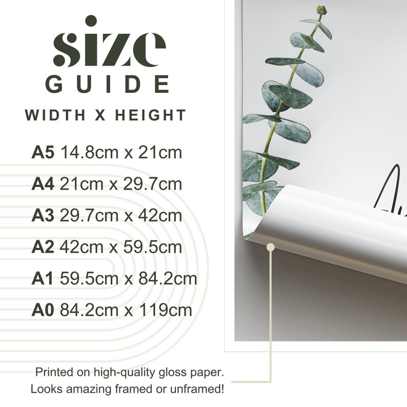 May include: A size guide for prints, showing the different sizes available in centimeters. The sizes are A5, A4, A3, A2, A1, and A0. The text says "Printed on high-quality gloss paper. Looks amazing framed or unframed!"