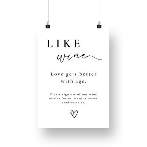 May include: A white sign with black text that reads "LIKE wine Love gets better with age. Please sign one of our wine bottles for us to enjoy on our anniversaries." There is a small heart at the bottom of the sign.