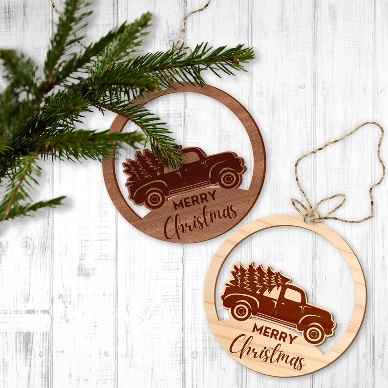 Merry Christmas - Rustic Wooden Ornament, Tree Decoration, Xmas Keepsake Memento, Cute Christmas Baubal, Vintage Truck with Christmas Tree Bild 2