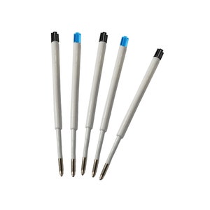 May include: Five white ballpoint pen refills with black and blue plastic tops.
