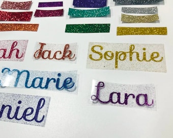 Personalised Glitter or Matte Iron On Name Label - Heat Transferred - Size 3, 5, 7cm - T-shirt transfer - costume design
