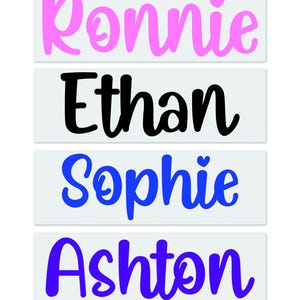 May include: Four rectangular name labels with names: Ronnie in pink, Ethan in black, Sophie in blue, and Ashton in blue. Each name is written in a cursive font on a white background. A small pink heart appears above the "i" in Ronnie and Sophie.