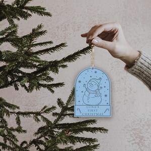 May include: A light blue Christmas ornament with a snowman design and the text "Luna's First Christmas".