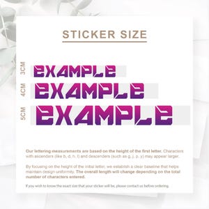 May include: A white background with the text "STICKER SIZE" in brown. Below are three examples of the word "EXAMPLE" in purple and white, with heights of 3cm, 4cm, and 5cm. Additional text explains lettering measurements.