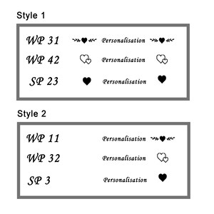 May include: Two styles of personalized jewelry tags with different heart designs. The first style has three options: WP 31, WP 42, and SP 23. The second style has three options: WP 11, WP 32, and SP 3.