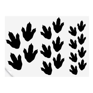 May include: A set of 16 black dinosaur footprints, perfect for decorating a child's room or adding a fun touch to a craft project.