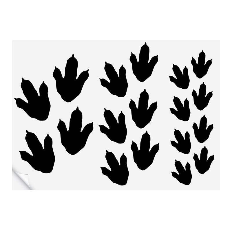 May include: A set of 16 black dinosaur footprints, perfect for decorating a child's room or adding a fun touch to a craft project.