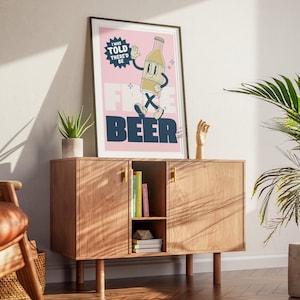 funny beer poster, humorous wall art, beer lover gift, man cave decor, home bar art, dorm room poster, kitchen wall art, bold typography poster, free beer sign, party decor.