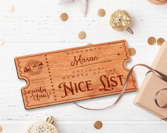 Nice List Ticket - Stamp: Personalised Santa's Nice List Wooden Ticket Certificate, Christmas Keepsake for Kids, Magic Christmas Gift