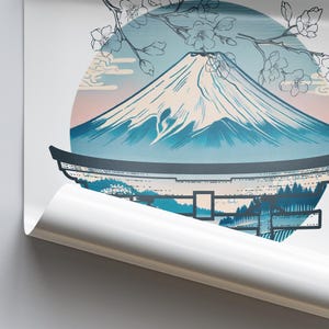 Pu&ograve; includere: Una stampa raffigurante il Monte Fuji in blu e bianco, con rami di fiori di ciliegio e un cancello giapponese. L'opera d'arte ha uno sfondo circolare con un gradiente rosa e blu.
