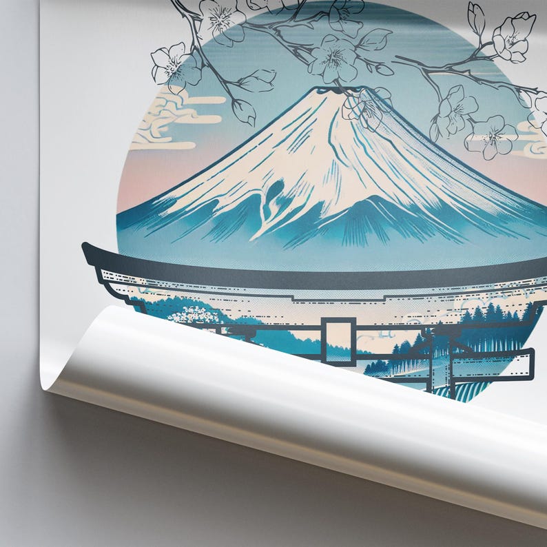 Pu&ograve; includere: Una stampa raffigurante il Monte Fuji in blu e bianco, con rami di fiori di ciliegio e un cancello giapponese. L'opera d'arte ha uno sfondo circolare con un gradiente rosa e blu.