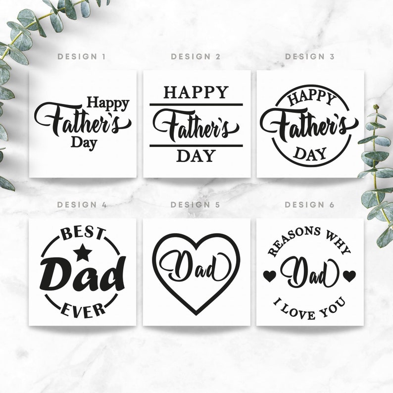 Puede incluir: Seis dise&ntilde;os diferentes para tarjetas del D&iacute;a del Padre. Los dise&ntilde;os presentan el texto "Feliz D&iacute;a del Padre", "Mejor pap&aacute; del mundo", "Pap&aacute;" y "Razones por las que te amo pap&aacute;".