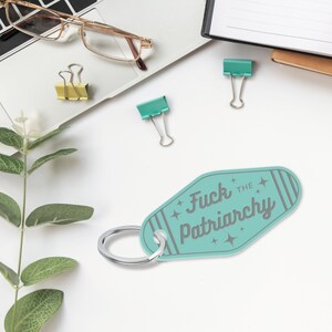 F*ck the Patriarchy Motel-Style Keyring: Retro Acrylic Keychain, Unique Gift Idea, Girly Car Accessory image 3
