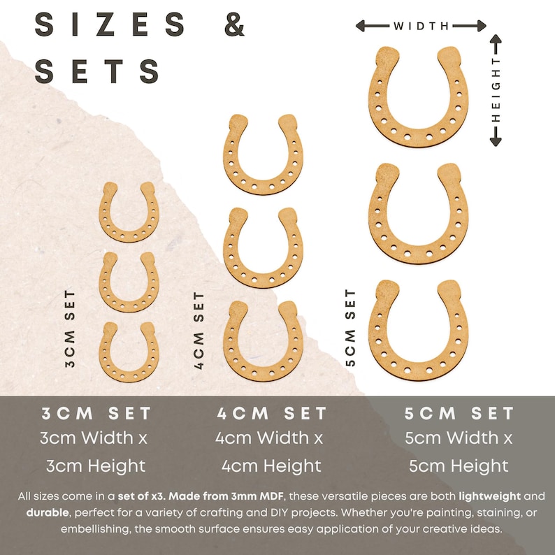 Op de afbeelding: Drie sets houten hoefijzervorm in drie maten: 3 cm, 4 cm en 5 cm. Elke set bevat drie hoefijzers. De hoefijzers zijn gemaakt van 3 mm MDF en zijn perfect voor knutselen en doe-het-zelfprojecten.
