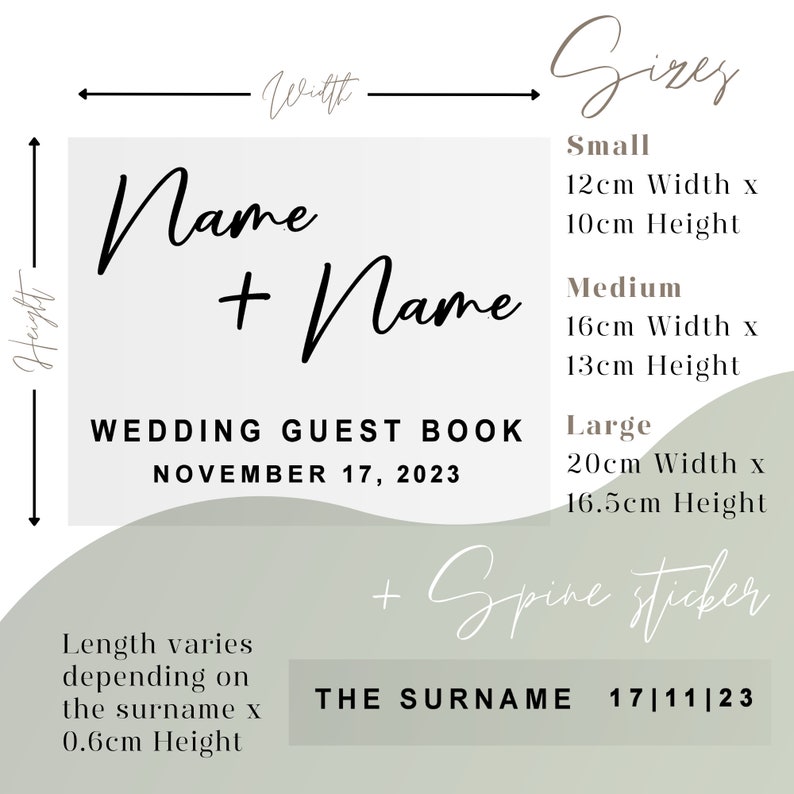 May include: A white wedding guest book with the text "Name + Name" and "Wedding Guest Book" with the date "November 17, 2023". The book is available in three sizes: small (12 cm x 10 cm), medium (16 cm x 13 cm), and large (20 cm x 16.5 cm). The text "The Surname 17|11|23" is also included.